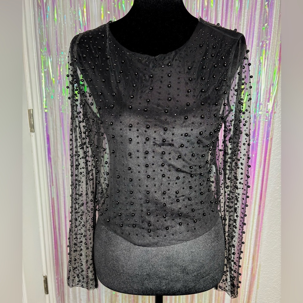 Night Out Windsor Black Rhinestone Beaded Sheer Mesh Long Sleeve Top NWT Sz M